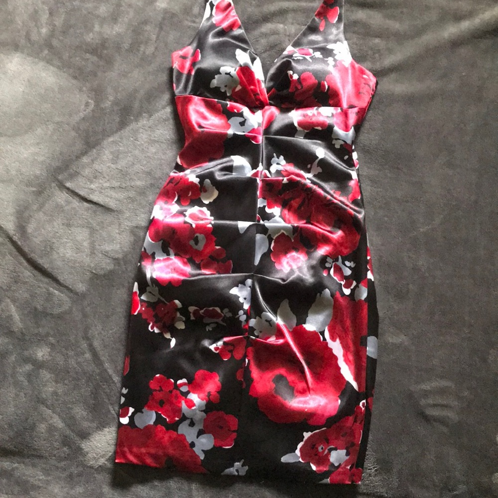 Printed red and black dress.